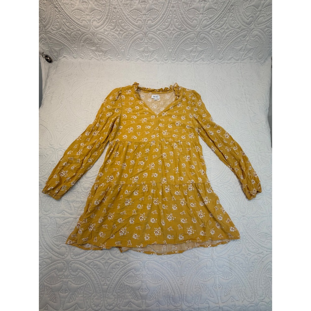 True Craft Mustard Yellow Floral Tiered Babydoll Mini Dress Long Sleeve XS
